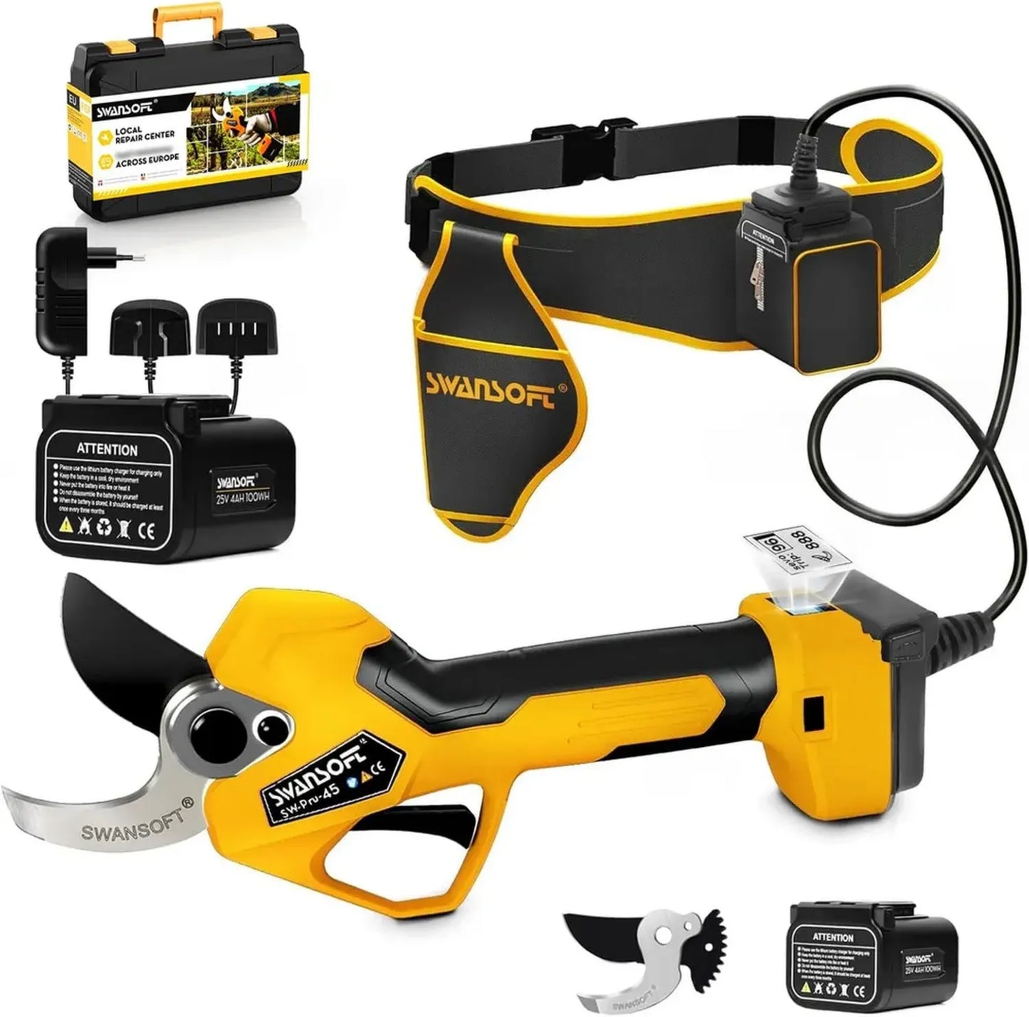 SWANSOFT Sécateur Électrique Professionnel 45mm 25V 1150W sans Fil, Batterie 4Ahx2