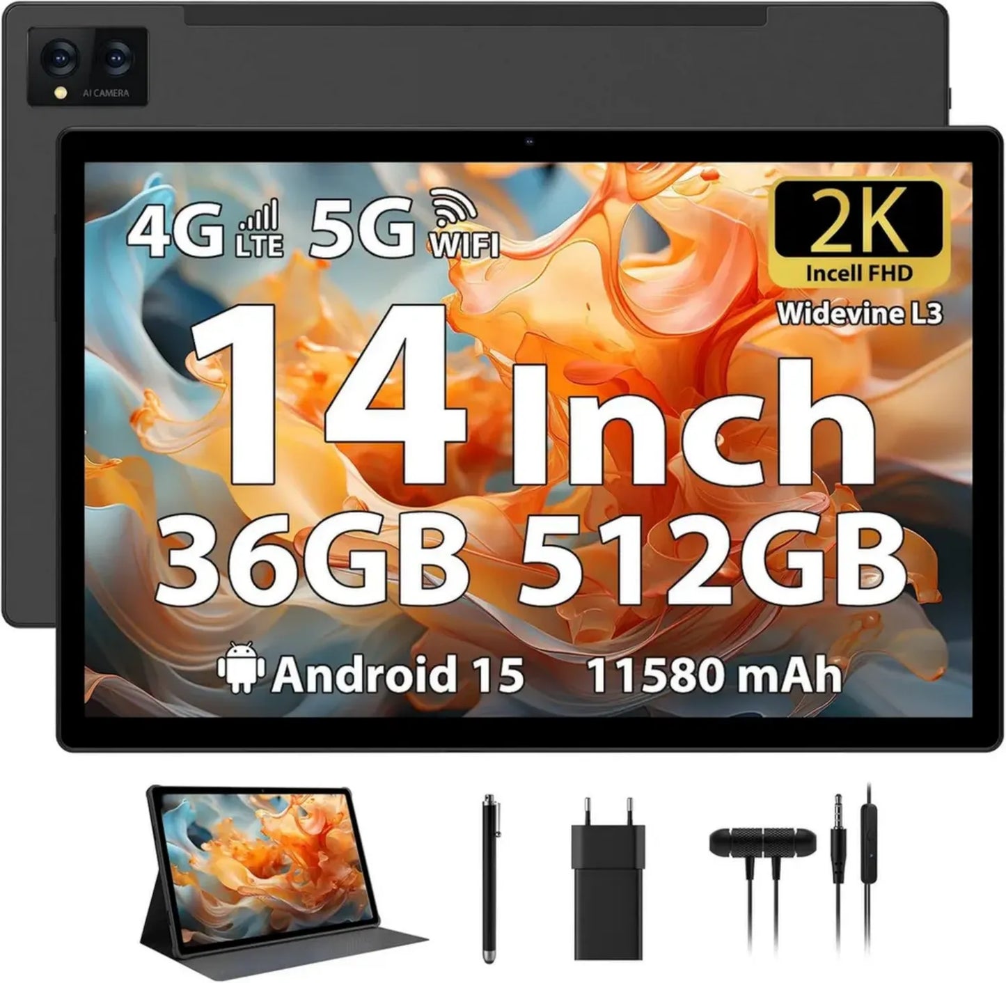 Tablette Android 14 Pouces 2K FHD, 36GB+512GB Extensible, Octa-Core, Batterie 11580mAh, 4 Haut-Parleurs, Caméra 13MP, Dual SIM 4G/5G, WiFi/GPS, Accessoires Inclus, Noir