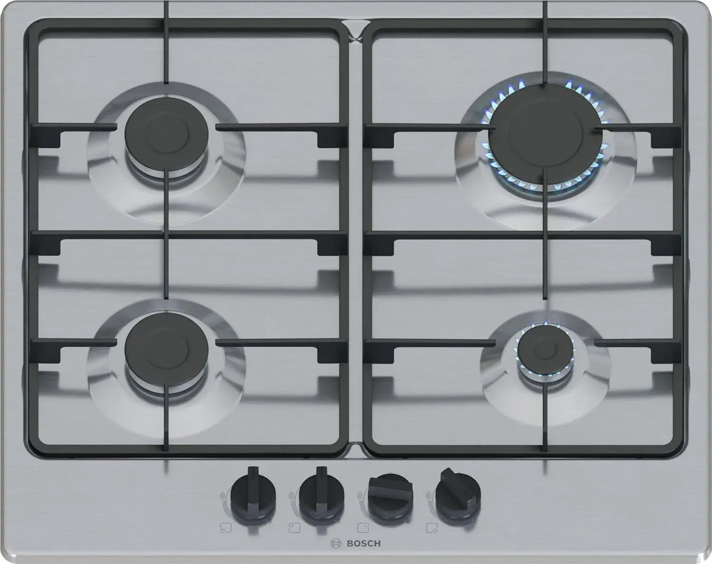 Plaque de cuisson gaz Bosch Serie 4, 4 foyers, commande ergonomique, acier inox, 60 cm