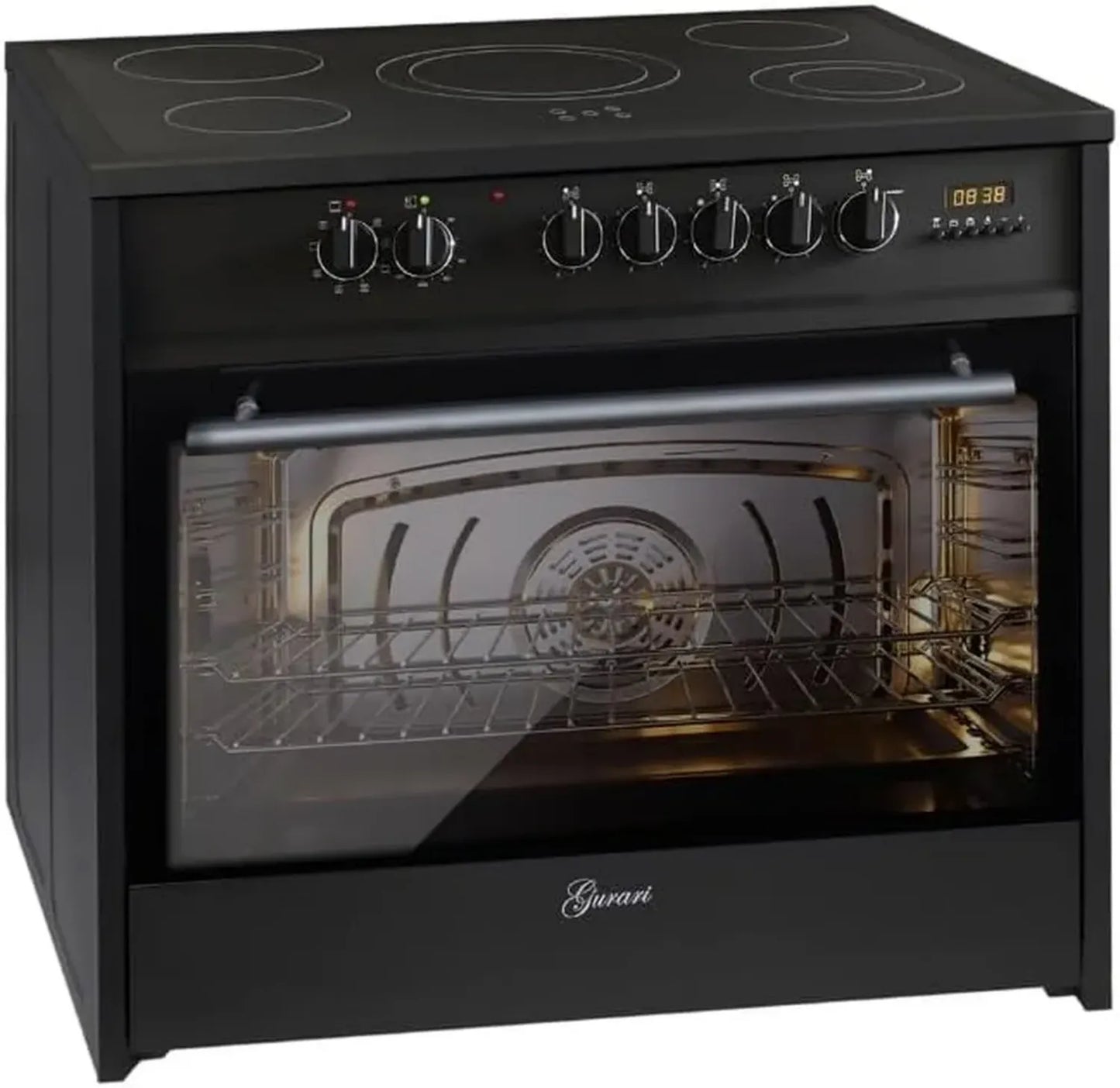 Fourneau électrique 90 cm, plaque vitrocéramique, 121 L, 8 fonctions, chaleur tournante, barbecue, 5 zones avec boosters, extracteur télescopique, noir