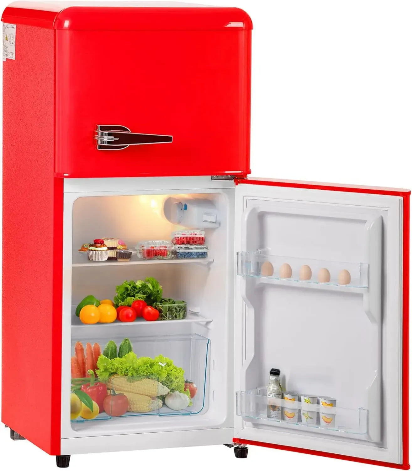 Mini réfrigérateur kubeier 22L avec congélateur, double porte, éclairage LED, consommation 163 kWh/an, température -27°C à 13°C, rouge