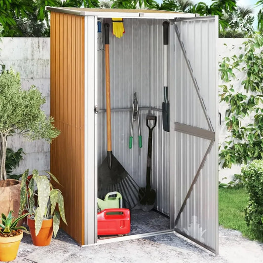 Festnight Abri de Jardin Métallique en Acier Galvanisé, Résistant aux Intempéries avec Portes Verrouillables, 118,5x97x209,5 cm, Marron - Idéal pour Rangements Extérieurs