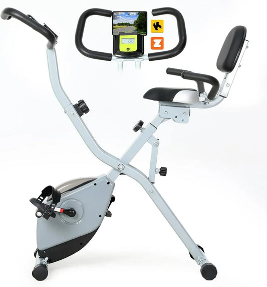 Vélo d'Appartement 2-en-1 Pliable ISE, Cardio avec Résistance Magnétique 8 Niveaux, Écran Multifonction, Dossier et Hauteur Réglables, Bluetooth Ergonomique