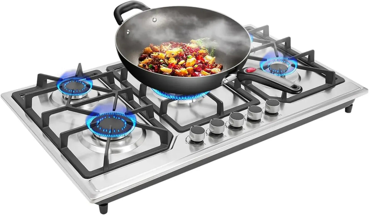 Table de Cuisson Gaz 5 Feux 1.75kW en Acier Inoxydable avec Allumage Électronique pour Cuisine Domestique ou Professionnelle