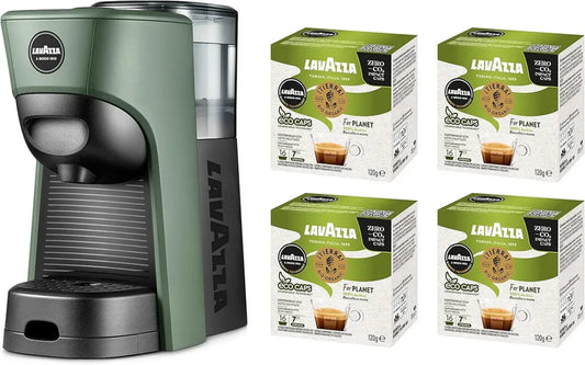 Machine à café Lavazza A Modo Mio Tiny Eco Vert avec 64 capsules ¡Tierra! Assorties, Expresso en plastique recyclé, 1450 W, 220-240 V, 0,6 litre